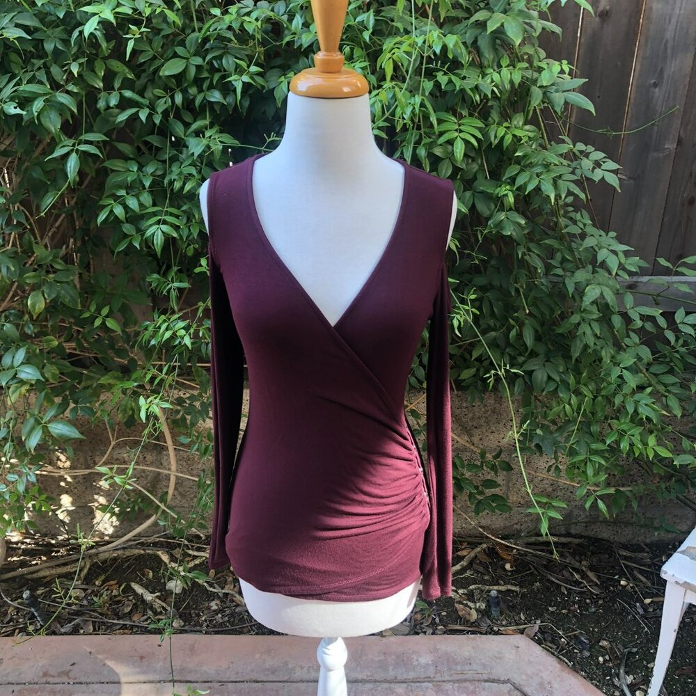 NWT WHBM Burgundy Lace Up Cold Shoulder Surplice Top S